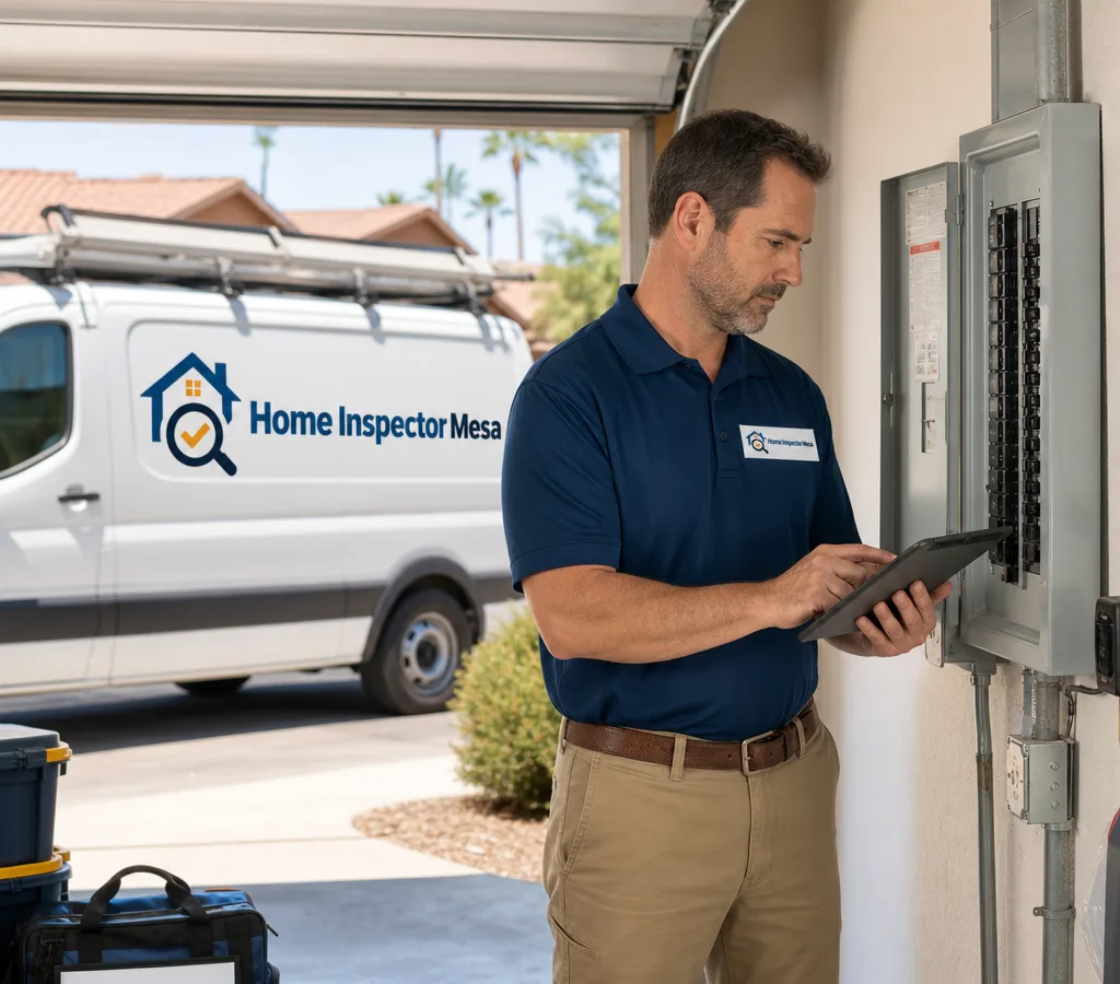 Inspector in Mesa examining a residential electrical panel and taking notes on a tablet