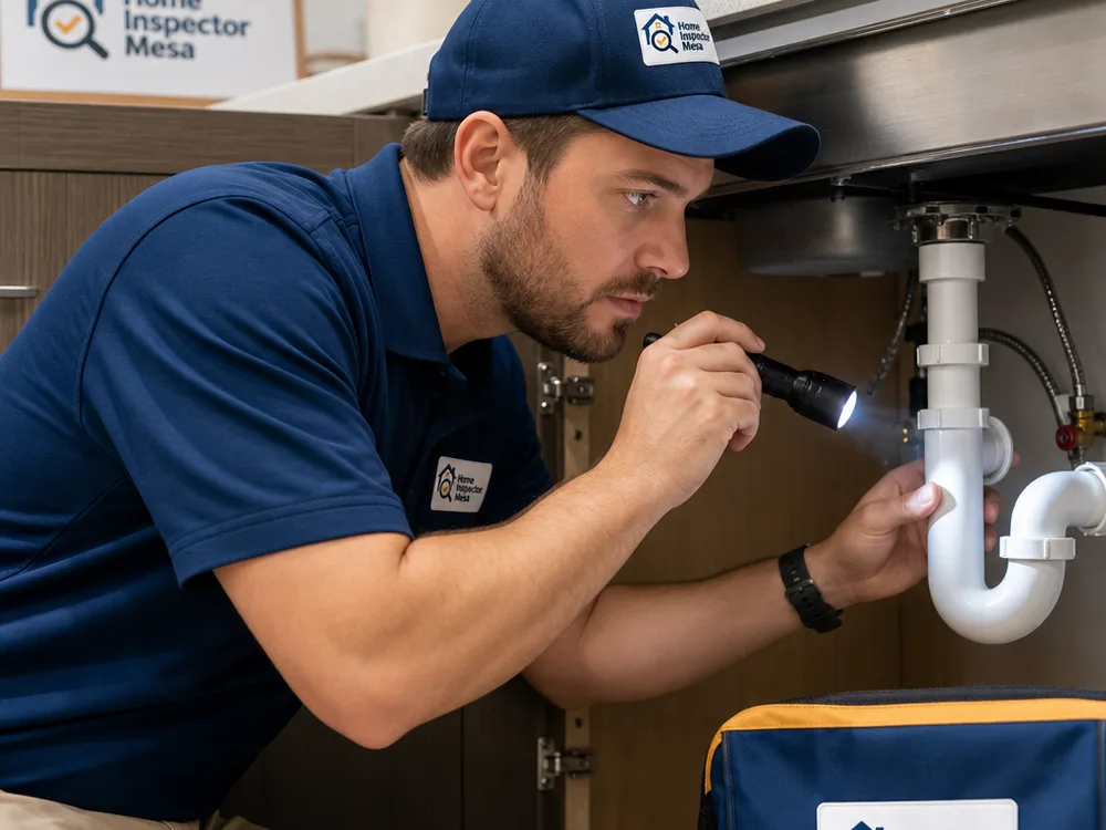 Inspector checking under a kitchen sink for leaks and proper drain connections