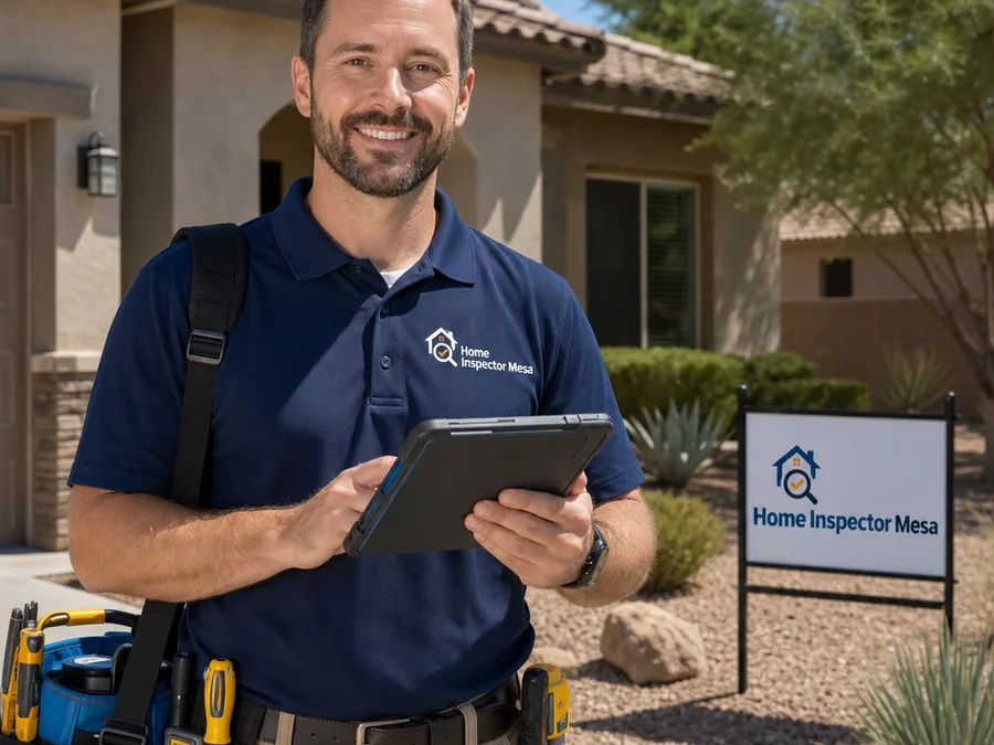Professional home inspector outside a Mesa home with inspection tools and tablet